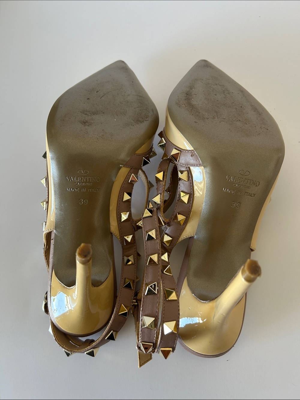 Valentino Patent Pointed Slingback Pumps with Gold Studs in Tan and Mauve - Picture 6 of 11